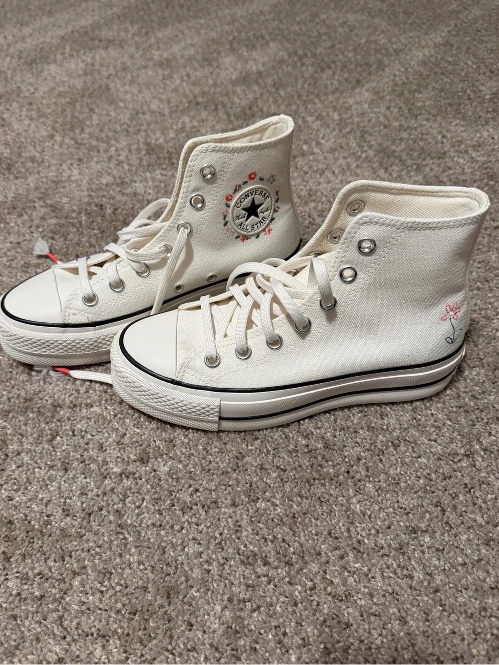 Converse Women's High-Top Sneakers in Cream with Pink & Green Floral Embroidery
